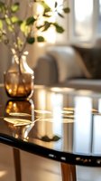 Elegant wine glass with golden liquid on reflective black table in modern living room with warm sunlight and blurred furniture background for luxury lifestyle.