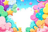 Playful pastel clouds and stars frame border on bright blue sky background, creating whimsical atmosphere for children party invitations and celebrations.