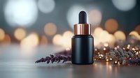 Black essential oil bottle with copper dropper cap on reflective surface with lavender sprig and soft bokeh lights creating luxurious spa atmosphere.