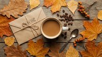 Autumn flat lay with coffee cup, thank you envelope, fall leaves, and berries on rustic wooden background. Cozy seasonal concept.