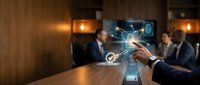 Businessman touching digital network interface with glowing connections and data visualization on screen during corporate meeting in modern office environment.
