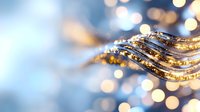 Glowing golden waves with sparkles on soft blue bokeh background create magical festive atmosphere for celebration designs and holiday cards.