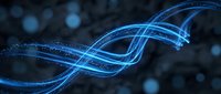 Abstract blue glowing DNA helix with particle effects on dark background, suitable for science, technology, genetics, and medical presentations.