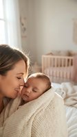 Young Caucasian mother gently nuzzles her sleeping newborn wrapped in a soft knit blanket in a warm, sunlit nursery room.