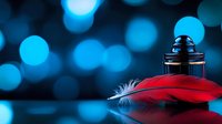 Red feather resting on glass surface against dark background with blue bokeh lights creating dreamy atmospheric composition for decorative design projects.