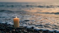 Peaceful candle glowing on pebble beach at sunset with gentle ocean waves creating serene atmosphere for meditation and relaxation concepts.