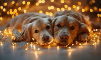 Two golden retrievers lying close together surrounded by warm glowing fairy lights creating magical holiday atmosphere, heads touching in tender moment against bokeh background.