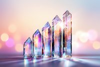 Magical crystal quartz formations with rainbow iridescent reflections against dreamy pastel background, glowing with mystical light and bokeh effects.
