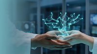 Healthcare professionals holding glowing digital network connection symbolizing medical technology innovation and collaborative patient care solutions.