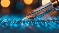Artistic macro shot of fountain pen nib on glittering blue surface with golden bokeh lights in background creating dreamy atmosphere for writing and creativity concepts.