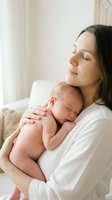 Peaceful Caucasian mother holding sleeping newborn baby in bright nursery room, tender maternal bonding moment with soft natural lighting for family content.