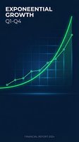 Exponential growth chart showing quarterly business performance with green upward trending line on dark blue background for financial reports and presentations.