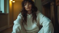 Young Hispanic woman with long dark wavy hair wearing white hoodie sitting in moody atmospheric lighting, dramatic portrait with cinematic color grading and shallow depth of field.
