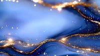 Abstract luxury background with flowing gold glitter waves on deep blue surface, sparkling bokeh lights create magical atmosphere for elegant design projects.