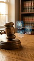 Wooden judge gavel with digital icons representing AI ethics, algorithmic accountability and data privacy laws in modern legal office setting.