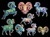 Colorful Aries ram zodiac clipart set, isolated on transparent background. Seven ornate rams in vibrant styles for stickers, t-shirt design, print on demand, and sublimation.