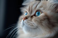Adorable cream colored Scottish Fold kitten with striking blue eyes looking up curiously, soft fluffy fur and folded ears creating charming expression for pet content.