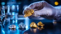Hand in protective glove holding raw gold nugget over dark surface with scattered precious minerals and gems in blue laboratory lighting. Scientific research setting.