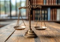 Antique brass scales of justice on wooden table in law library, symbolizing legal system balance and judicial proceedings.