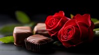 Romantic composition with fresh red roses and luxury chocolate pralines on dark background. Sweet dessert and flowers for Valentine's Day celebration.