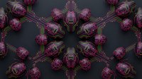 Futuristic Easter eggs with circuit board patterns arranged symmetrically on dark background, glowing neon green and pink tech design.