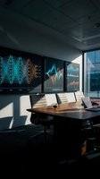 Modern conference room with data visualization displays showing analytics charts and neural network diagrams for business presentations and meetings.