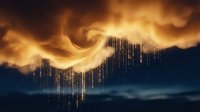 Dramatic golden storm clouds with heavy rainfall against dark sky creating atmospheric weather phenomenon for climate and meteorological concepts.