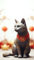 Ornate fortune cat with golden patterns and red collar featuring prosperity symbol sits gracefully against soft bokeh background for festive celebrations.