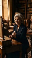 Elegant senior woman with silver hair sitting at antique wooden desk in classic library with leather-bound books, warm lighting creating sophisticated atmosphere.