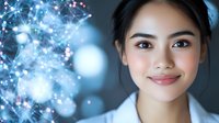 Young Asian female medical professional smiling against blue bokeh background with molecular structure overlay, representing healthcare and scientific innovation.