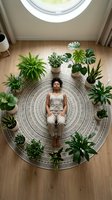 Woman with curly dark hair, medium skin tone, sitting centered on geometric patterned rug surrounded by potted green plants, wooden floor, natural skylight, wellness and mindfulness concept.