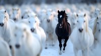 Dark horse galloping ahead of white horse herd in winter landscape, creating dramatic contrast between solitary leader and group.