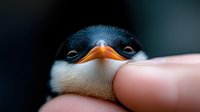 Close-up portrait of gentoo penguin chick with orange beak being gently touched by human finger, showing tender interaction between wildlife and people.