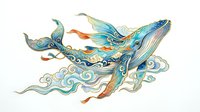 Pair of decorative whales with ornate swirling patterns in blue, teal, and orange tones, isolated on white background for design projects.