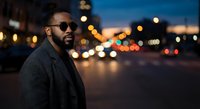 African American man in sunglasses and dark coat standing on city street at night with blurred traffic lights and urban bokeh background for lifestyle content.