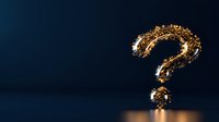 Glowing golden question mark made of sparkling particles floating against dark blue background, mystery and uncertainty concept for presentations and designs.