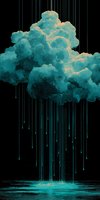 Turquoise cloud formation with golden highlights raining down luminous streams against black background, creating surreal atmospheric art.