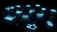 Digital technology icons glowing in blue light on dark grid surface representing modern business communication and social media connectivity.
