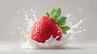 Fresh ripe strawberry splashing into creamy white milk with dynamic droplets and splash effects on neutral background for food advertising.