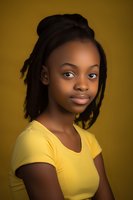 Young African American woman in yellow t-shirt poses confidently against warm brown background, natural hairstyle and gentle smile create engaging portrait.