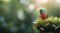 Vibrant blue-headed and orange-breasted finch perched on moss-covered branch against soft bokeh background, showcasing natural wildlife in morning light.