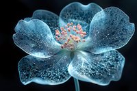 Glowing translucent flower with crystalline blue petals and pink stamens on dark background, macro photography showing delicate dewdrops and ethereal details.