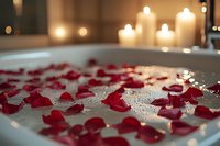 Romantic bath with floating red rose petals and glowing candles creating intimate spa atmosphere. Luxury wellness and Valentine's day concept for couples.