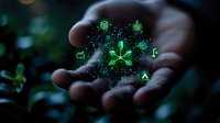 Glowing green technology icons float magically above an open palm against dark background, representing digital transformation and innovation in business solutions.