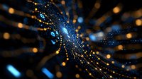 Abstract cosmic background with glowing blue and gold particles creating dynamic light trails against dark space, perfect for technology or science themes.