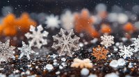 Delicate white and orange snowflake decorations with bokeh lights on dark background create magical winter holiday atmosphere. Perfect for seasonal designs.