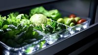 Fresh green vegetables and produce stored in refrigerator drawer with modern LED lighting, showcasing healthy ingredients and proper food storage for meal preparation.
