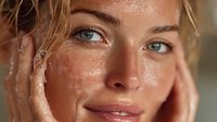 Close-up portrait of a young woman with blue eyes, wet skin, and natural freckles touching her face, conveying freshness and natural beauty.