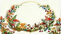 Autumn forest wreath with mushrooms, berries, leaves and ferns creating decorative frame on cream background for seasonal design projects and fall decorations.