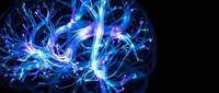 Abstract digital brain with glowing blue neural networks and electric connections on black background for technology and artificial intelligence concepts.